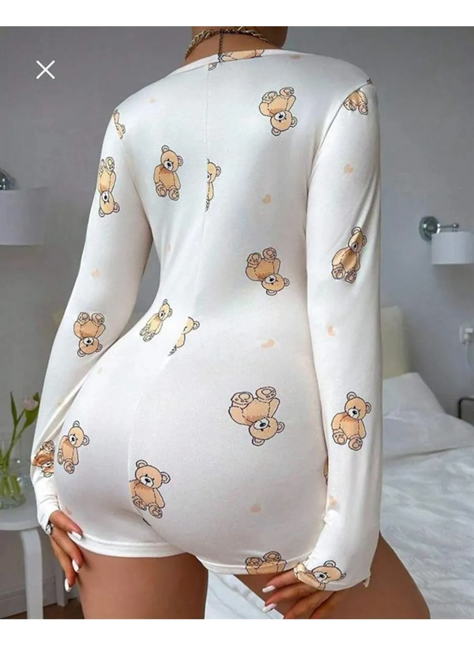 Pamuklu Beyaz Ayıcık Desenli Düğmeli Uzun Kol Tulum Pijama
