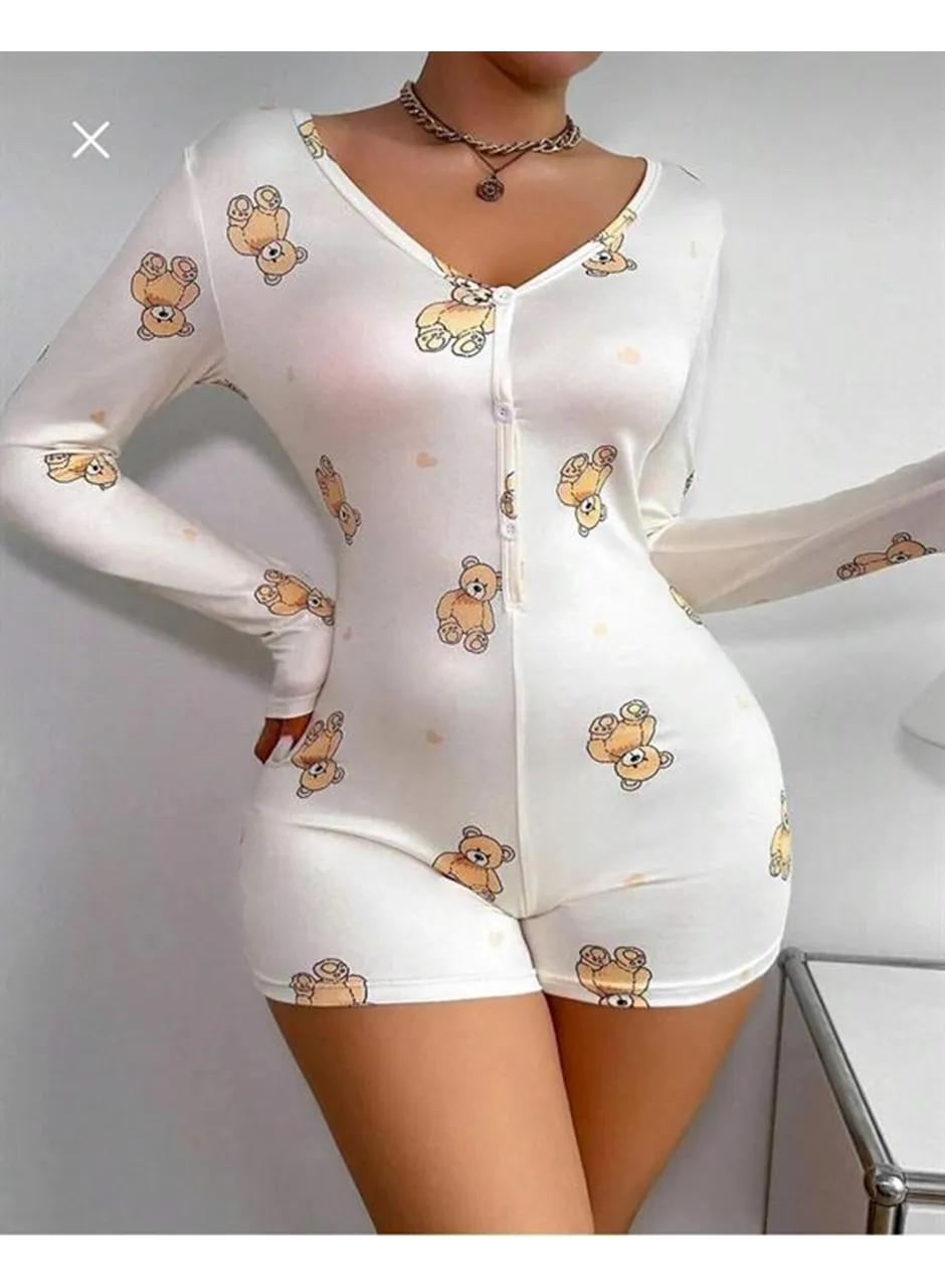 Pamuklu Beyaz Ayıcık Desenli Düğmeli Uzun Kol Tulum Pijama