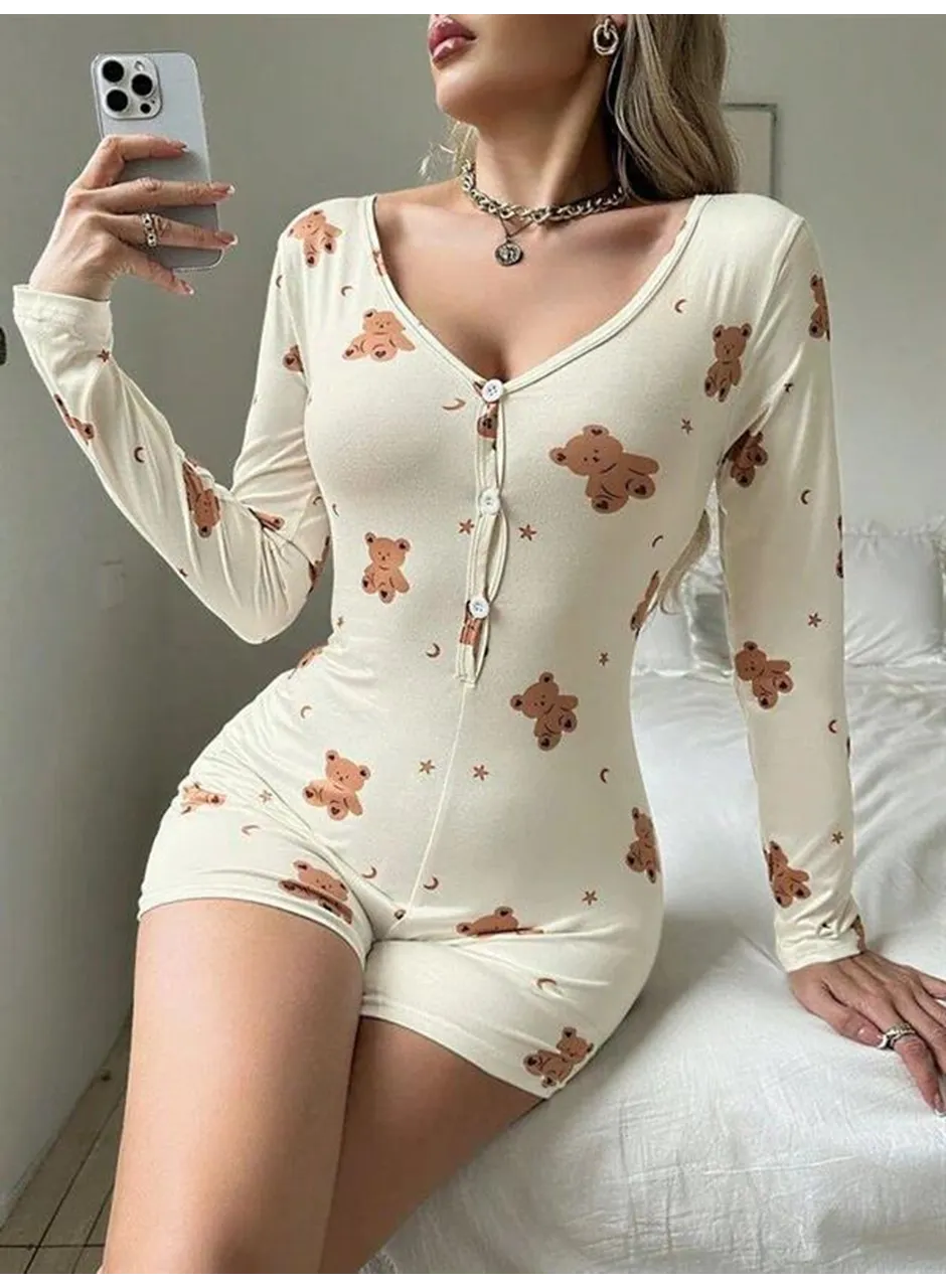 Pamuklu Ekru Ayıcık Desenli Düğmeli Tulum Pijama