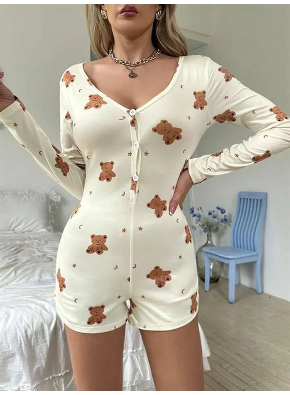 Pamuklu Ekru Ayıcık Desenli Düğmeli Tulum Pijama