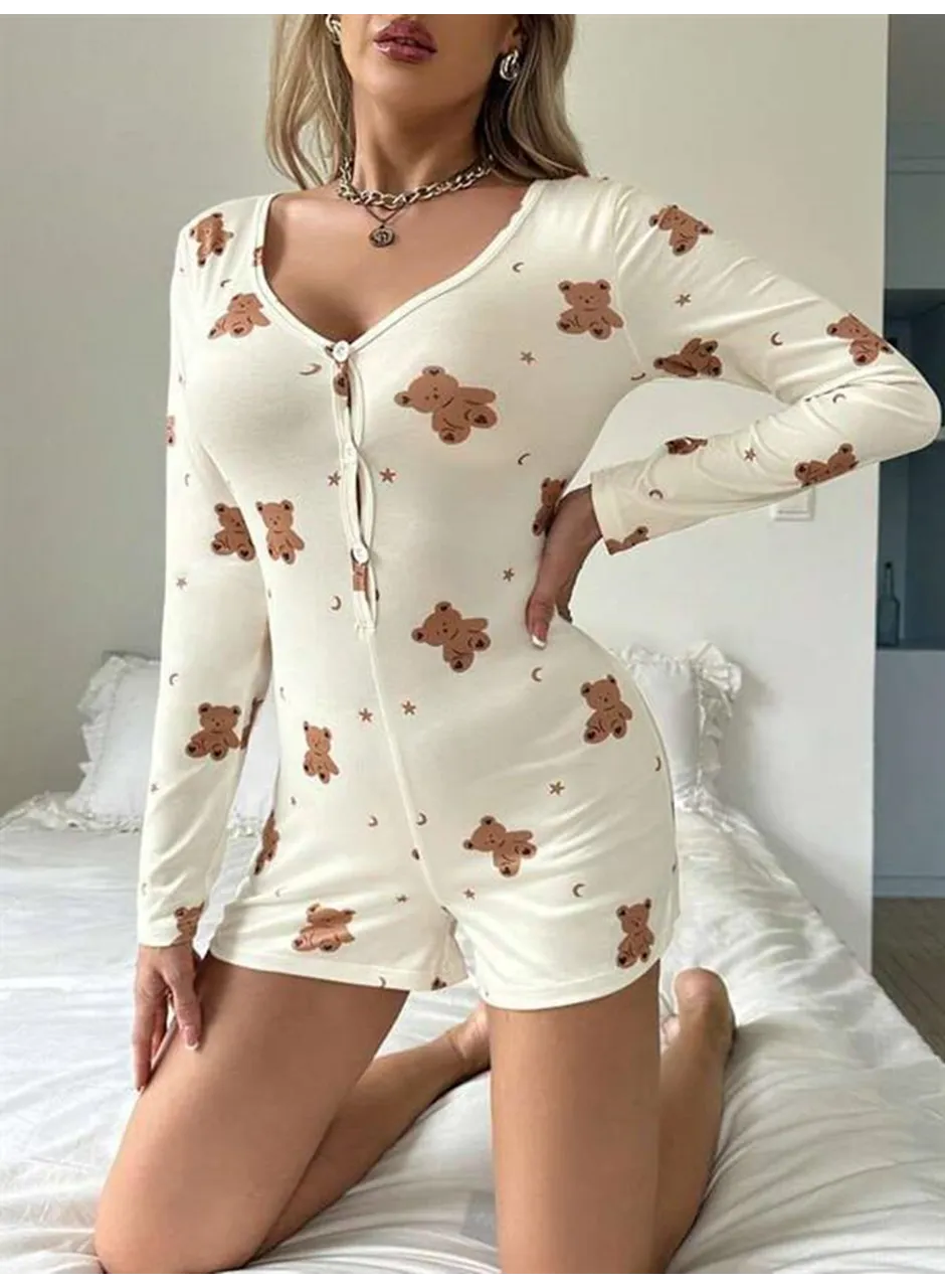 Pamuklu Ekru Ayıcık Desenli Düğmeli Tulum Pijama