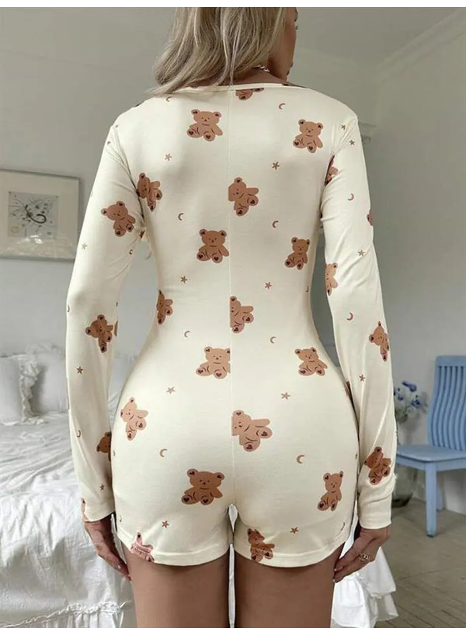 Pamuklu Ekru Ayıcık Desenli Düğmeli Tulum Pijama