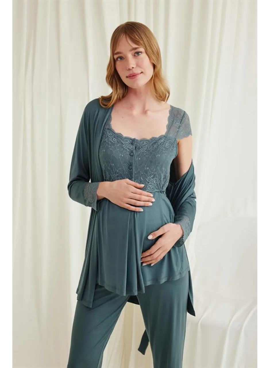 Dantelli Önü Düğmeli Hamile Lohusa 3'lü Viskon Pijama Takımı