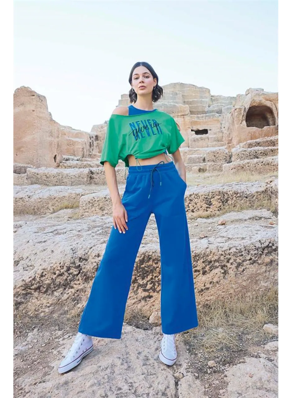 Kısa Kollu "Never Give Up" 3'lü Crop Eşofman Takımı