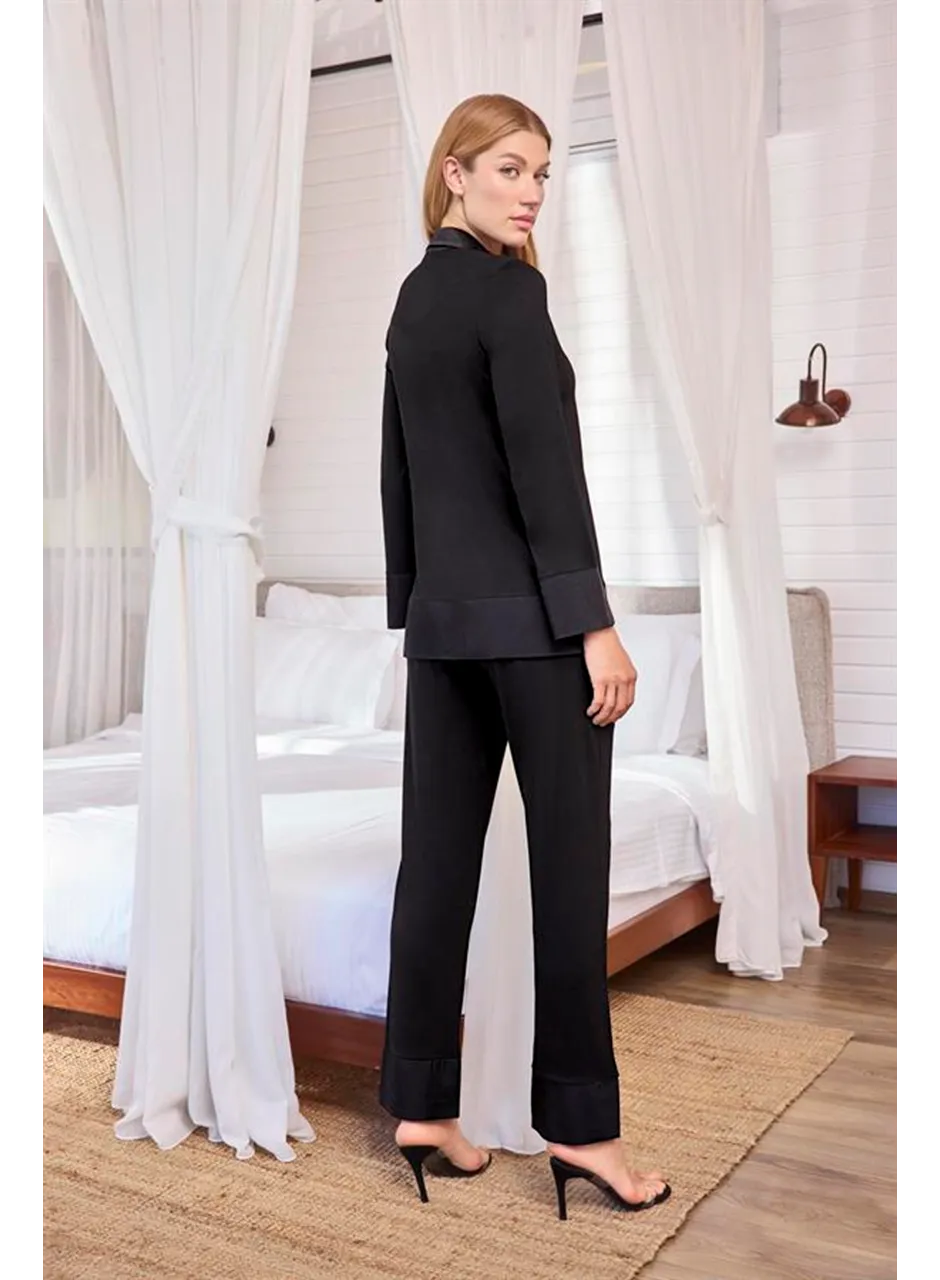 Uzun Kollu Önü Düğmeli Gömlek Yaka Pijama Takımı