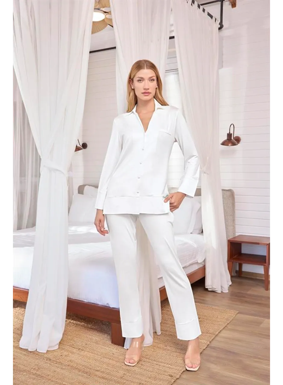 Uzun Kollu Önü Düğmeli Gömlek Yaka Pijama Takımı
