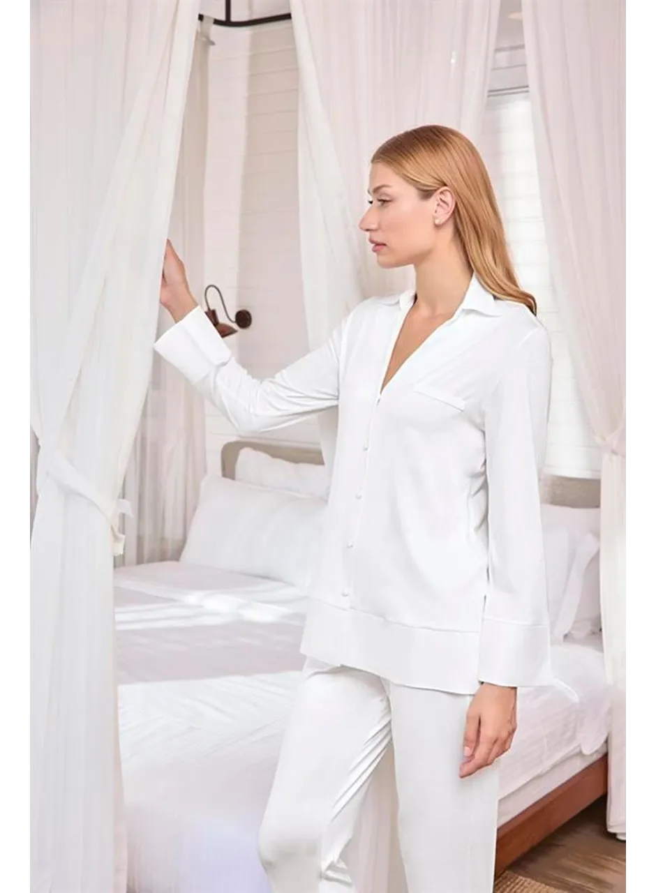Uzun Kollu Önü Düğmeli Gömlek Yaka Pijama Takımı
