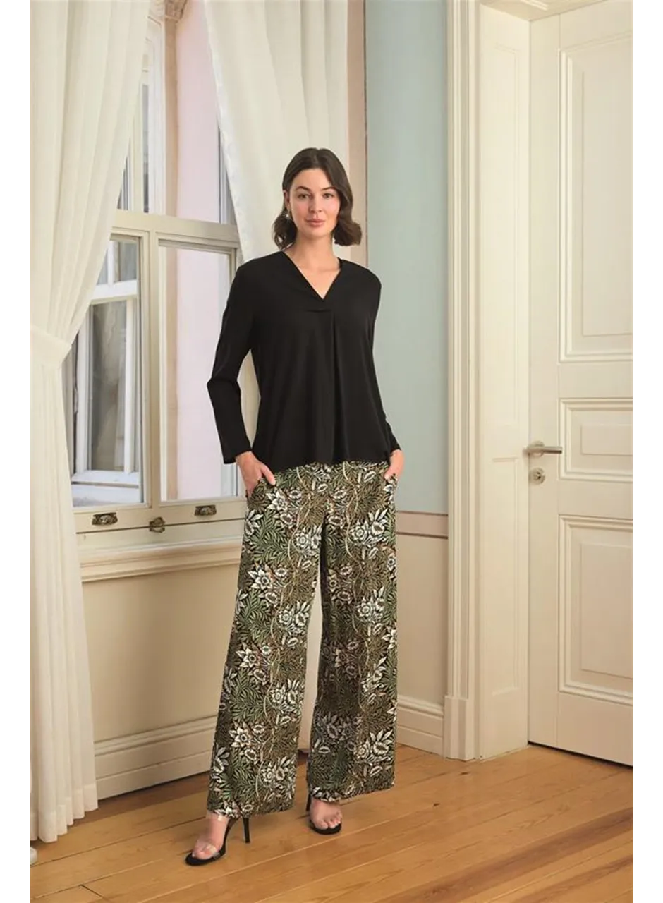 Çiçek Yaprak ve Etnik Desenli Dantelli 3'lü Pijama Takımı