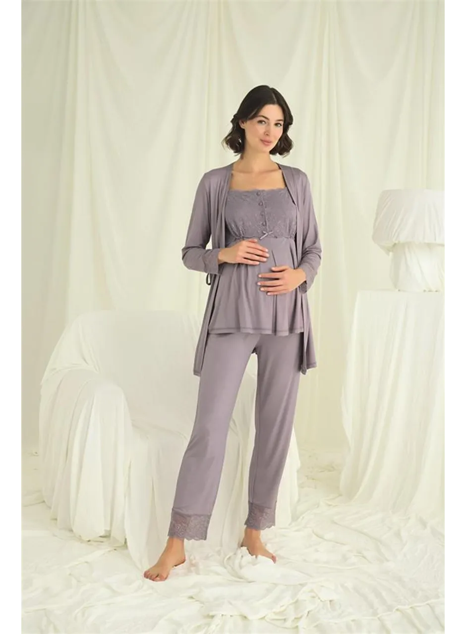 Dantelli Önü Düğmeli Hamile Lohusa 3'lü Pijama Takımı