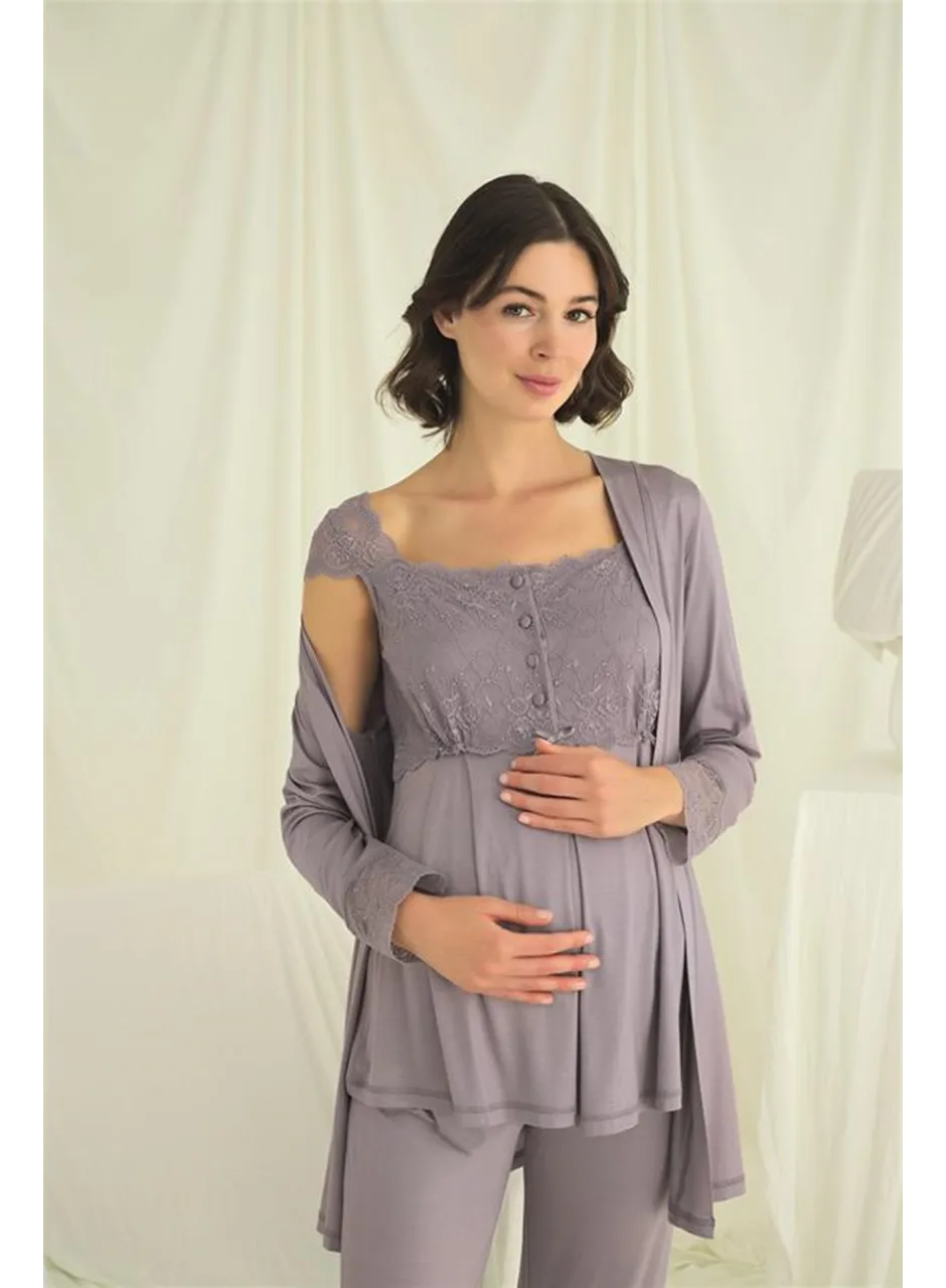 Dantelli Önü Düğmeli Hamile Lohusa 3'lü Pijama Takımı