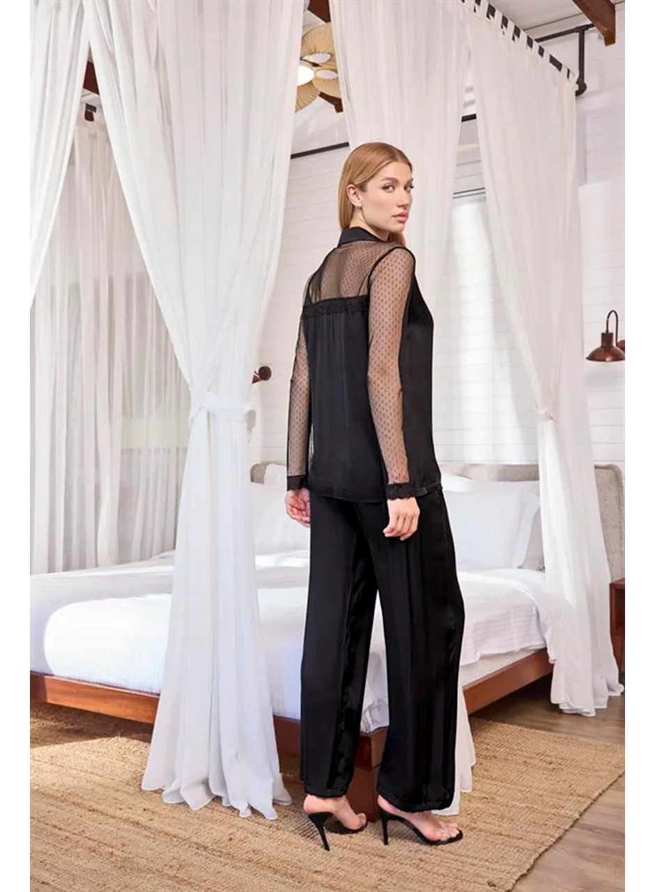 Dantelli ve Tüllü Uzun Kollu Önü Düğmeli Saten Pijama Takımı