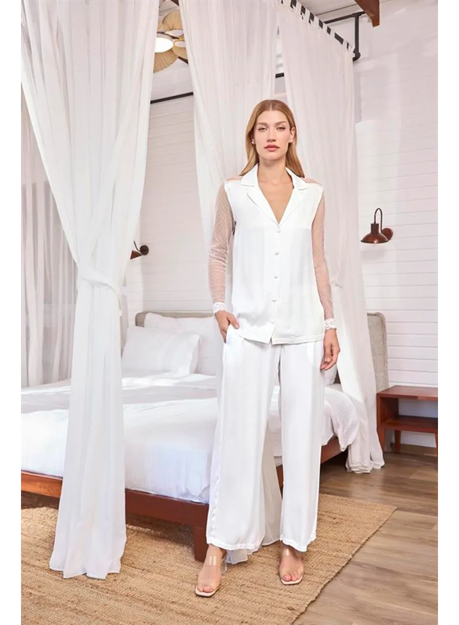 Dantelli ve Tüllü Uzun Kollu Önü Düğmeli Saten Pijama Takımı