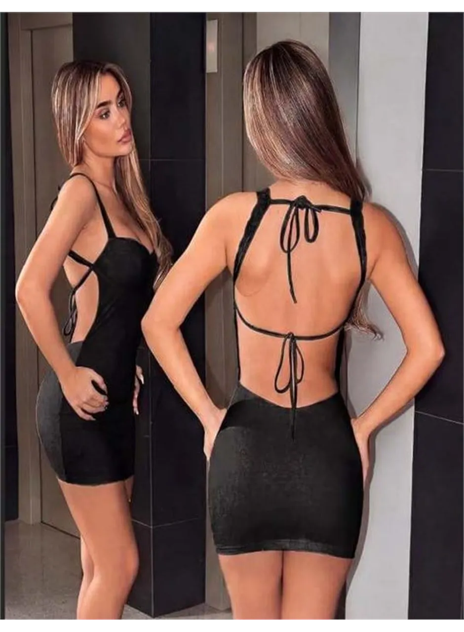 Şık Tasarım Sırt Dekolteli Siyah Mini Club Elbisesi