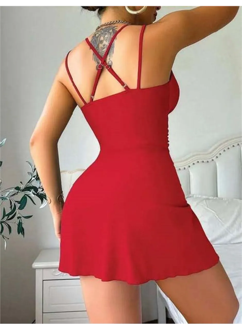 Şık Tasarım Çapraz Sırt Dekolteli Yandan Bağlamalı Kırmızı Mini Elbise