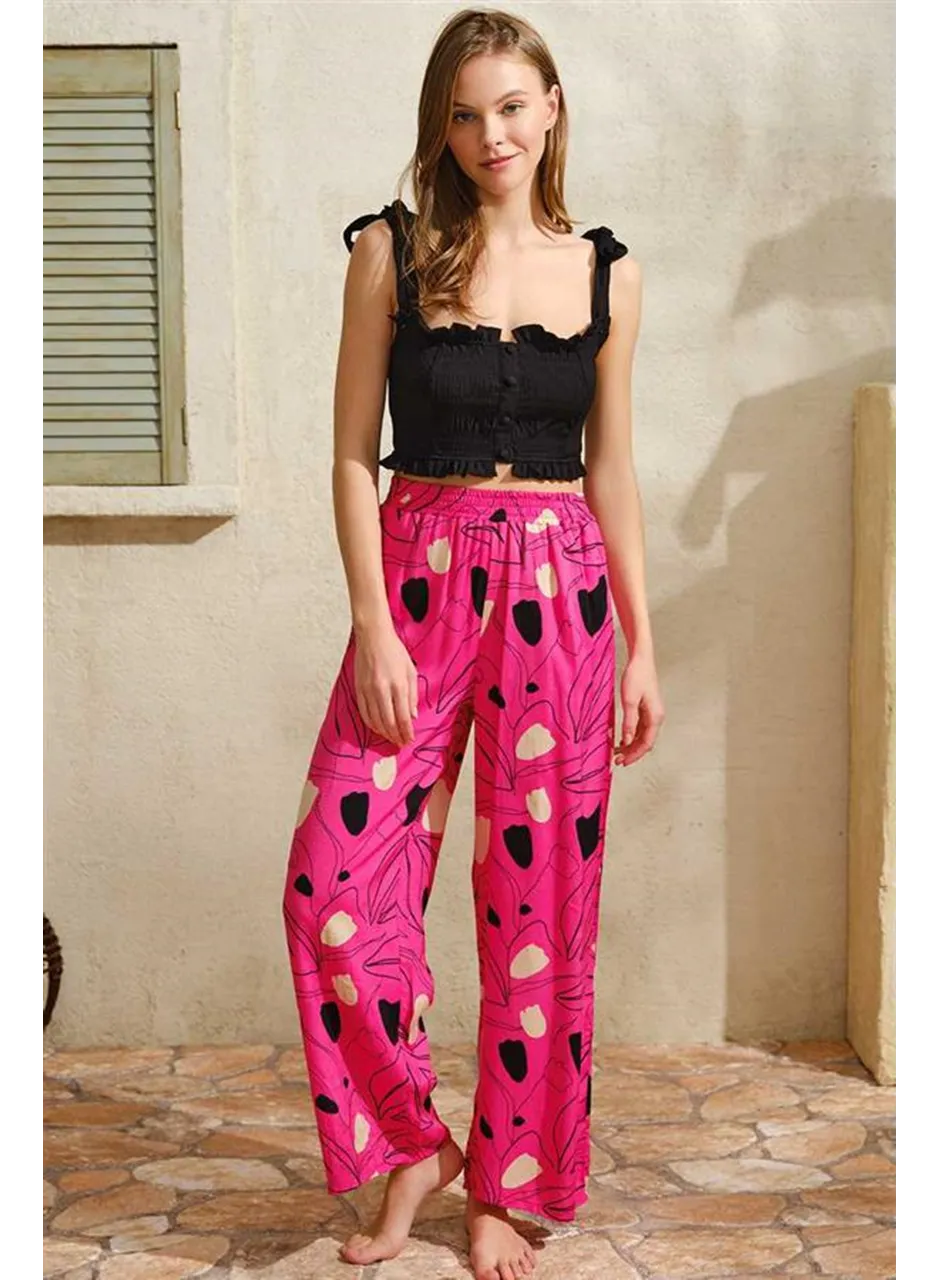 Kalın Askılı Kadın Viskon Çiçek Desenli Sırt Aksesuarlı Yazlık Dantel Detaylı Pijama Altı Anıl 9818