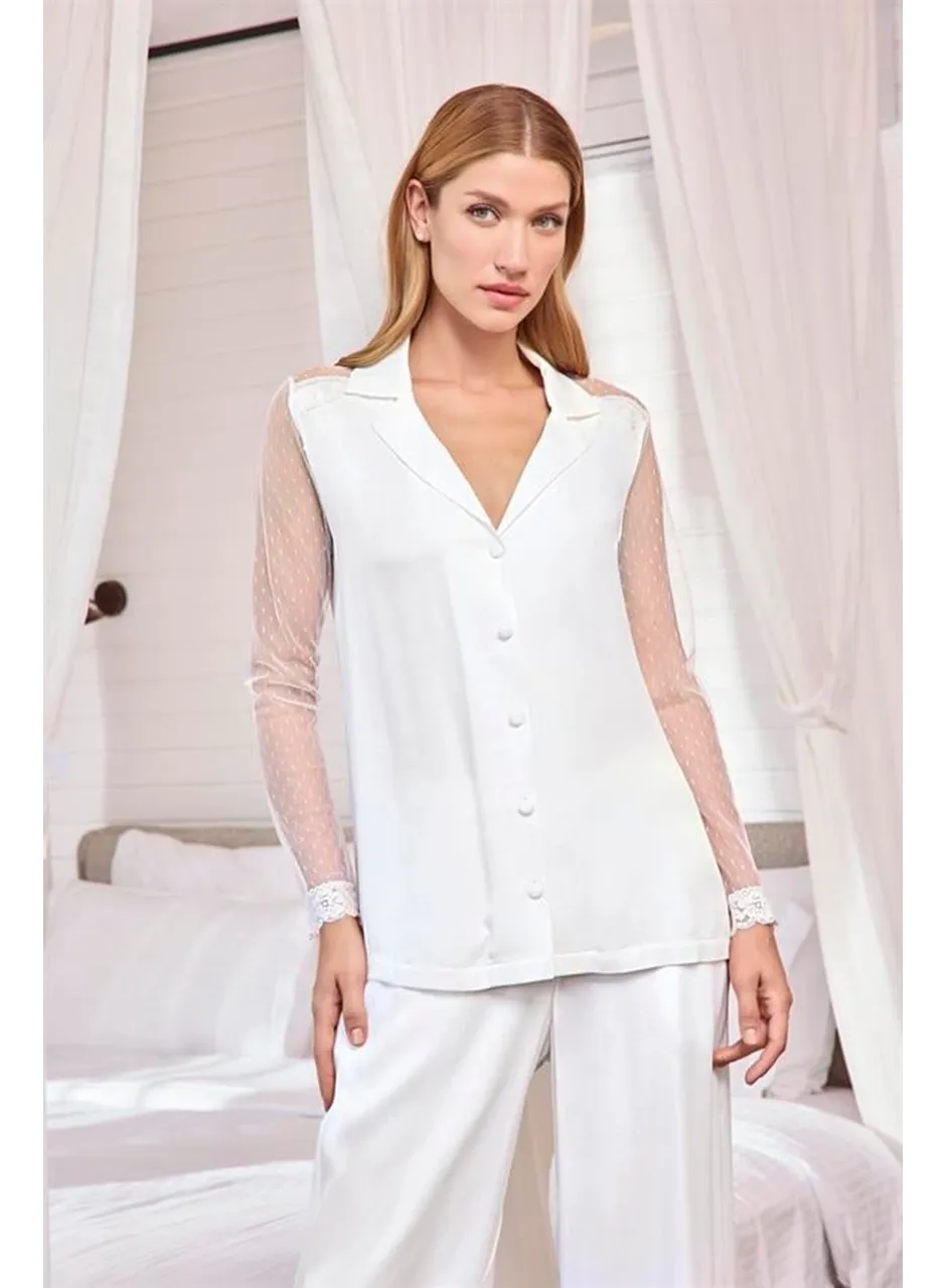 Dantelli ve Tüllü Uzun Kollu Önü Düğmeli Saten Pijama Takımı