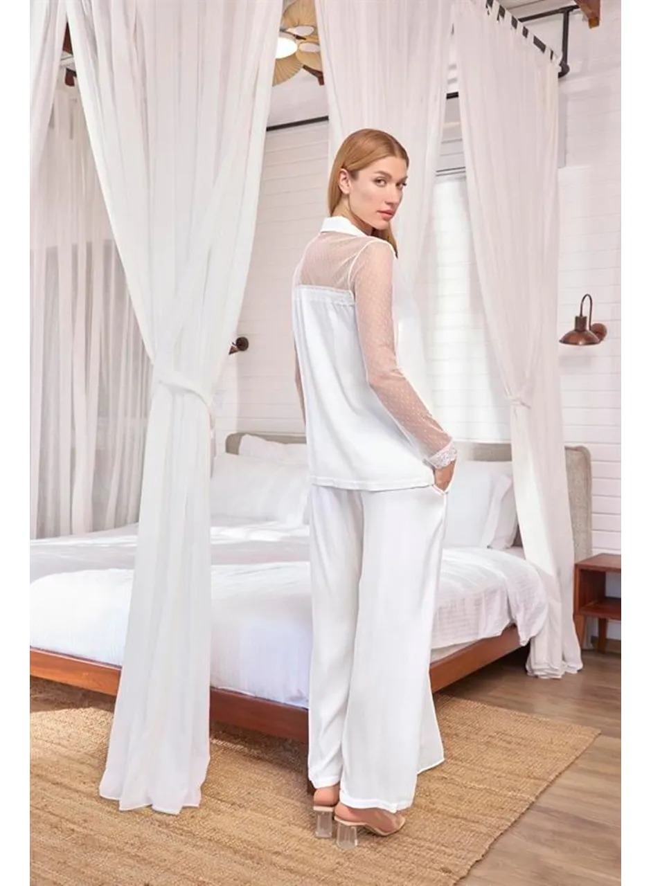 Dantelli ve Tüllü Uzun Kollu Önü Düğmeli Saten Pijama Takımı