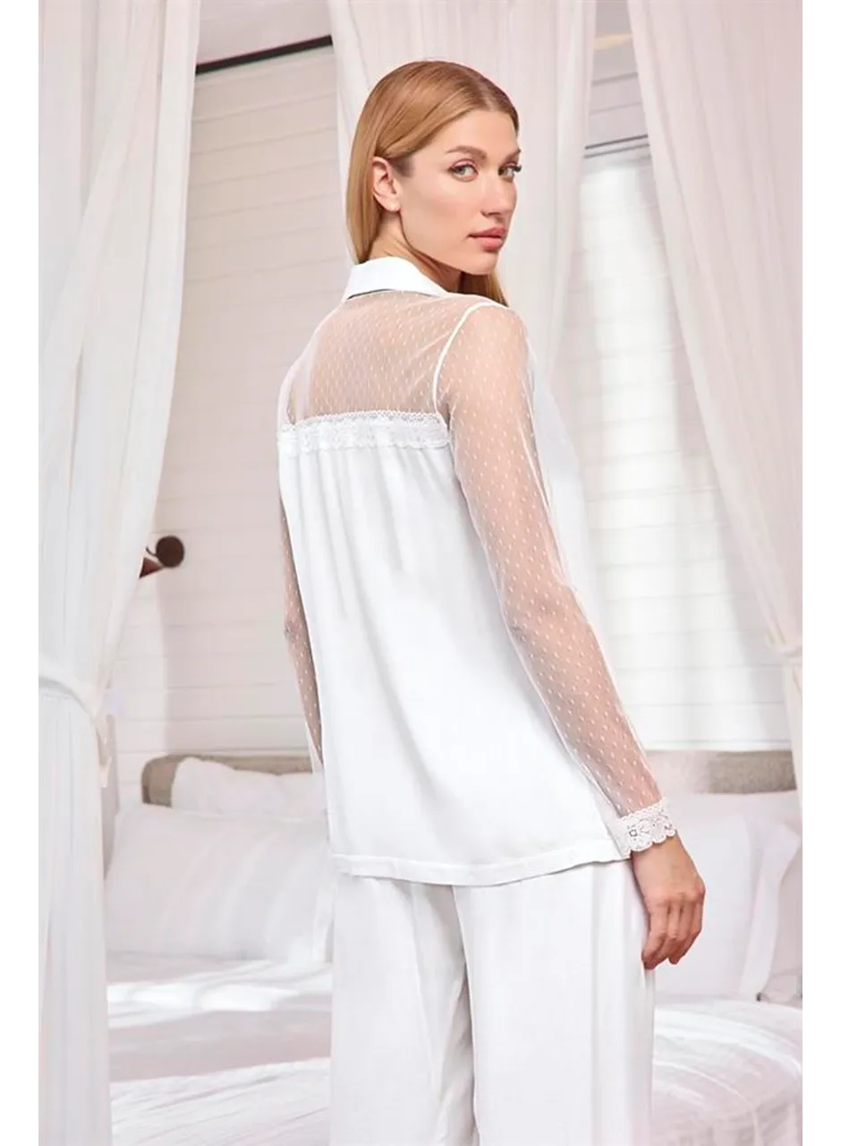 Dantelli ve Tüllü Uzun Kollu Önü Düğmeli Saten Pijama Takımı