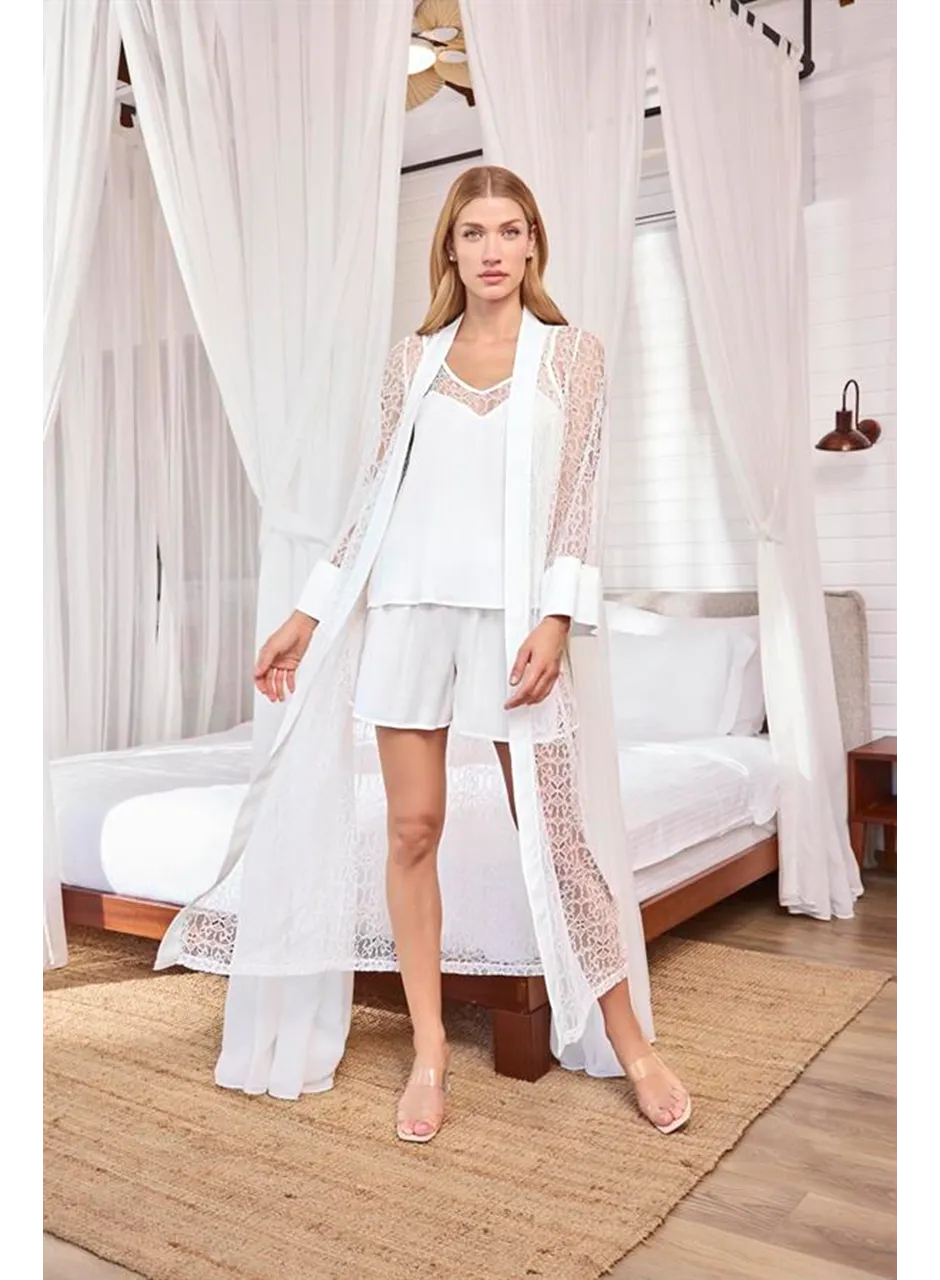 Uzun Kollu Dantelli ve Kuşaklı Sabahlık