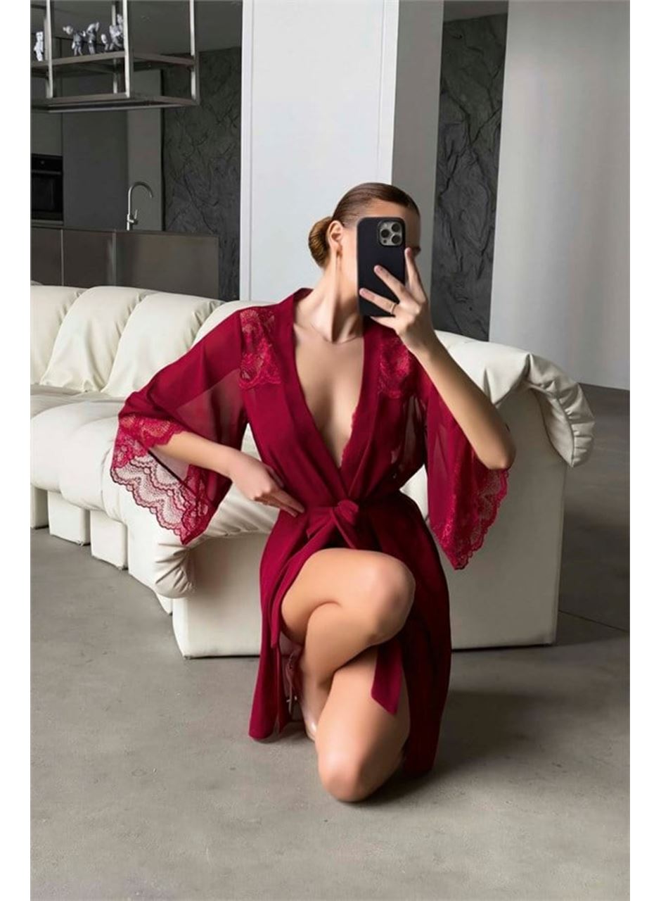 Şık Tasarım Bordo Dantel İşlemeli Body Suit ve Tül Gecelik Takımı