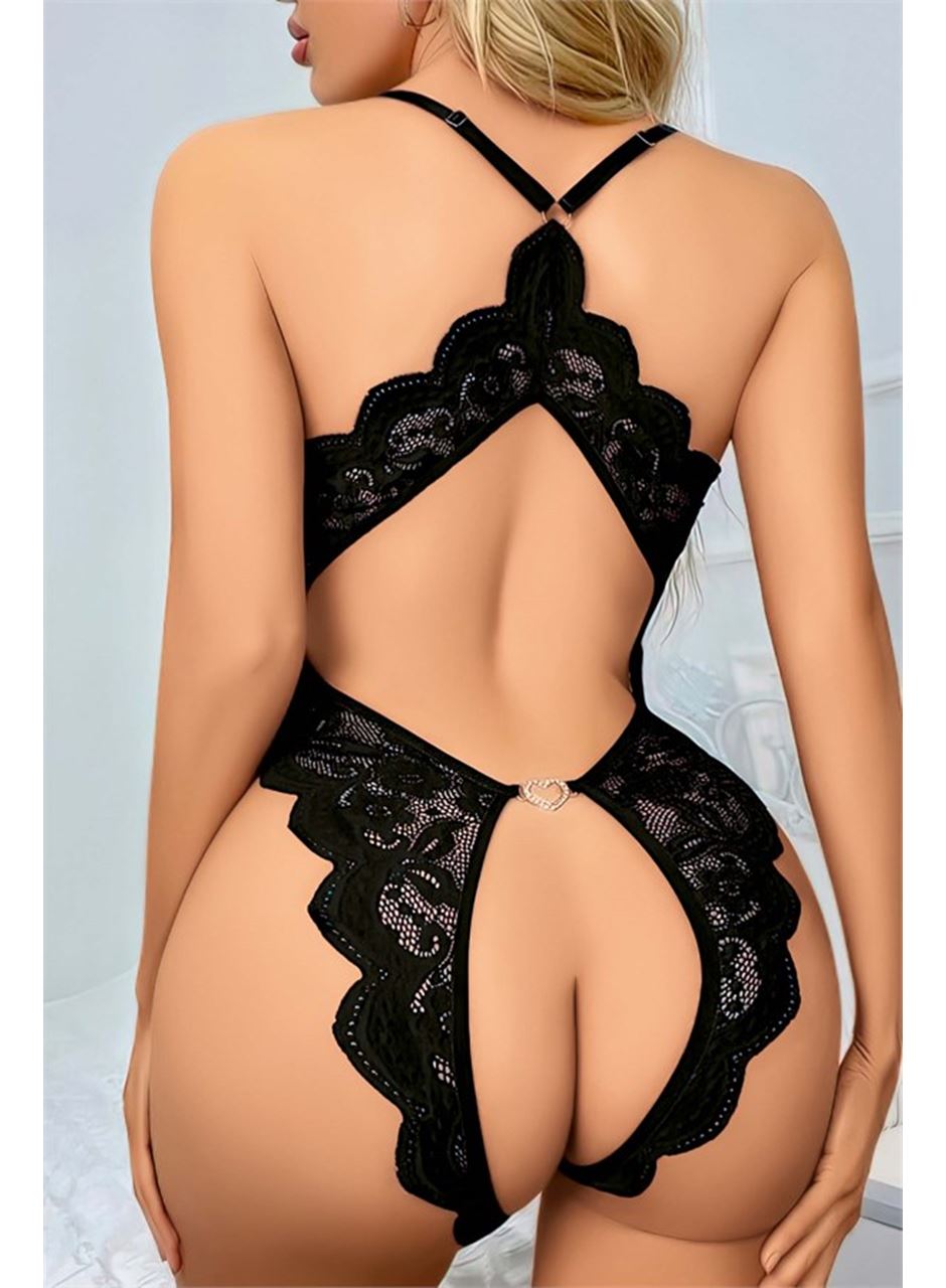 Siyah Özel Bölgesi Açık Dantel İşlemeli Fantezi Body