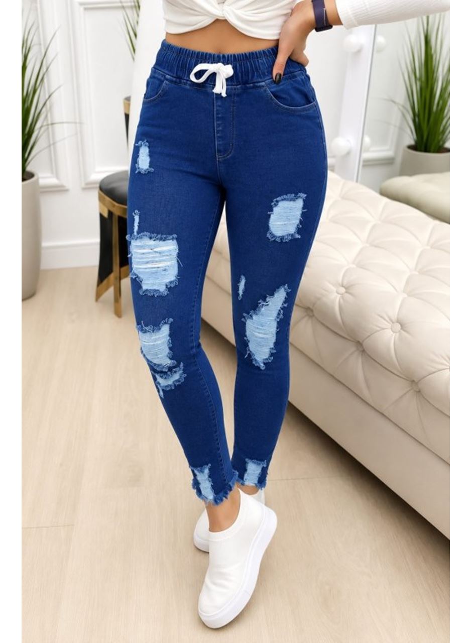 Kadın Yüksek Bel Beli Bağcıklı önden Yırtık Desenli Kot Pantolon