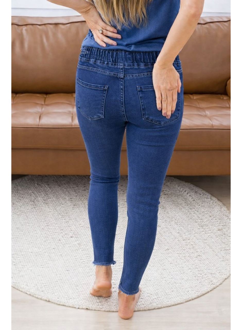 Kadın Yüksek Bel Beli Bağcıklı önden Yırtık Desenli Kot Pantolon