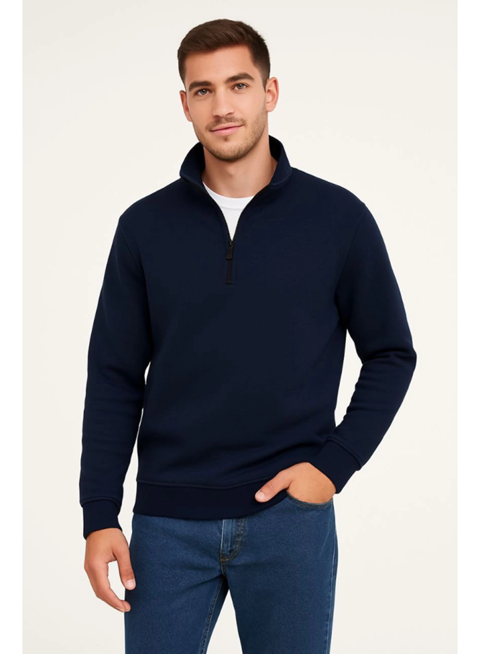 Erkek Dik Yaka Sweatshirt Dik Yaka Yarım Fermuarlı 3 İplik Şardonlu Pamuk Kumaş - Lacivert