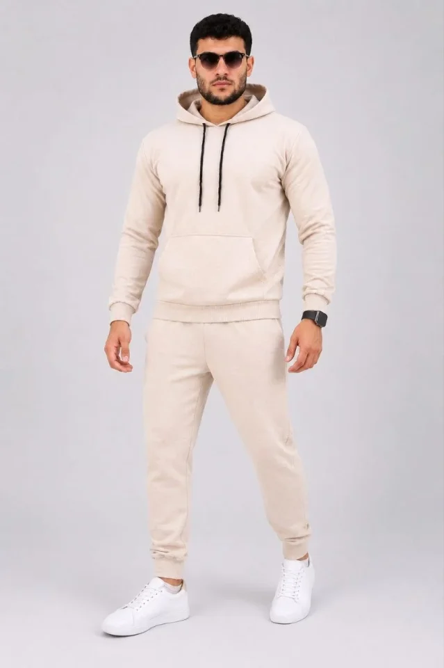 Erkek İki İplik Kapüşonlu Kanguru Cepli Sweatshirt Jogger Pantolon Alt Üst Eşofman Takımı -Bej