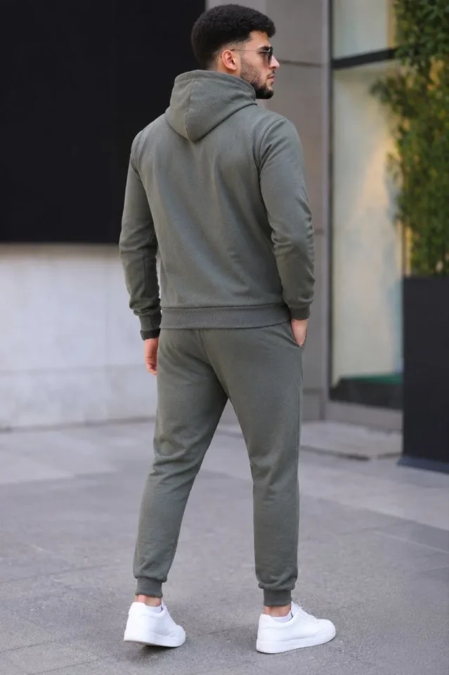 Erkek İki İplik Kapüşonlu Kanguru Cepli Sweatshirt Jogger Pantolon Alt Üst Eşofman Takımı - Haki