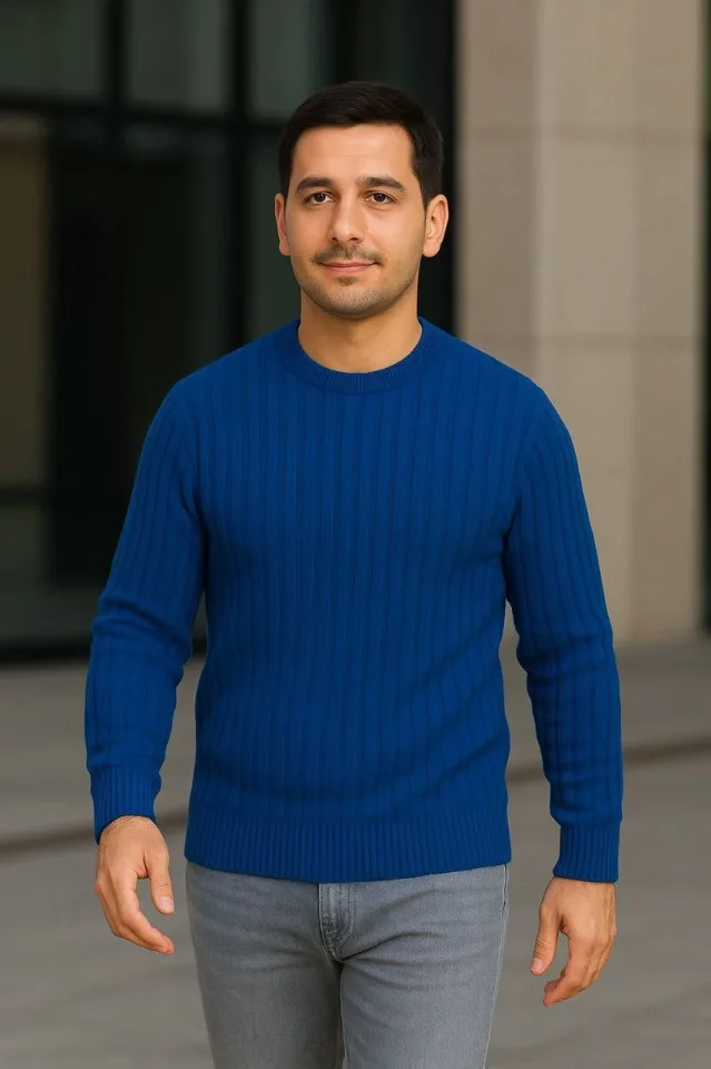 Erkek Fitilli Triko Bisiklet Yaka Kalın Kazak 3lü Set Beyaz-Saks Mavisi-Siyah