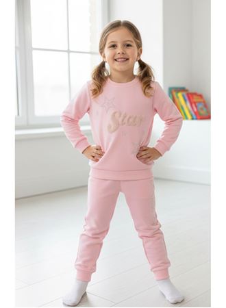 KIZ ÇOCUK PELUŞ STAR APLİKELİ TAŞ BASKILI EŞOFMAN TKM PMBE