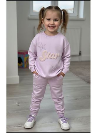 KIZ ÇOCUK PELUŞ STAR APLİKELİ TAŞ BASKILI EŞOFMAN TKM LİLA