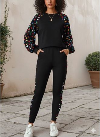Kadın Uzun Kollu Bisiklet Yaka Desenli Viskon Iki Iplik Bluz Ve Pantolon Ikili Takım