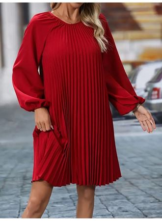 Kadın Uzun Kollu Yuvarlak Yaka Pileli Salaş Mini Ithal Krep Elbise