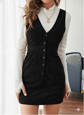 Kadın Askılı V Yakalı önden Düğmeli Mini Kalın Fitilli Kadife Elbise