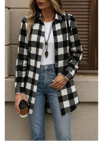 Kadın Uzun Kollu Ekoseli önden Düğmeli Dokuma Uzun Gömlek