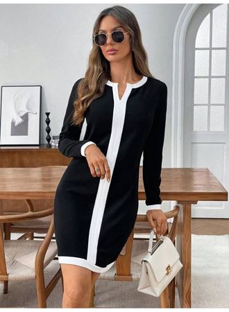 Kadın Uzun Kollu Yuvarlak V Yakalı şerit Detaylı Modal Mini Elbise