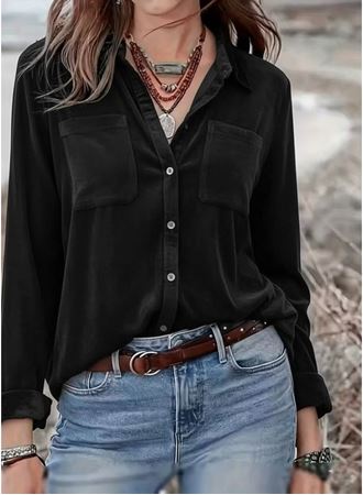 Kadın Uzun Kollu Yakalı önden Düğmeli Cep Detaylı Kadife Gömlek