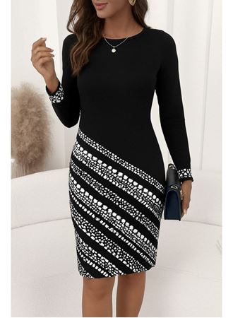 Kadın Uzun Kollu Bisiklet Yaka Desenli Dalgıç Elbise