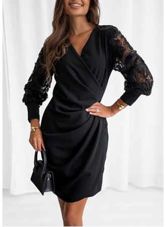 Kadın Uzun Kollu Kruvaze Yakalı önden çapraz Detaylı Kolları çiçek Dantel Detaylı Mini Ithal Krep Elbise