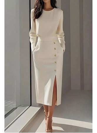 Kadın Uzun Kollu Bisiklet Yakalı Yandan Yırtmaçlı Düğmeli Midi Ithal Krep Elbise