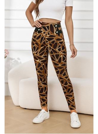 Kadın Yüksek Bel Kaz Ayağı Desenli Yan şerit Düğme Detaylı Dalgıç Pantolon