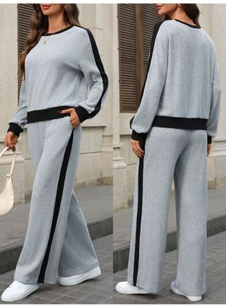 Kadın Uzun Kollu Bisiklet Yaka şardonlu Kaşkorse Bluz Ve Pantolon Ikili Takım