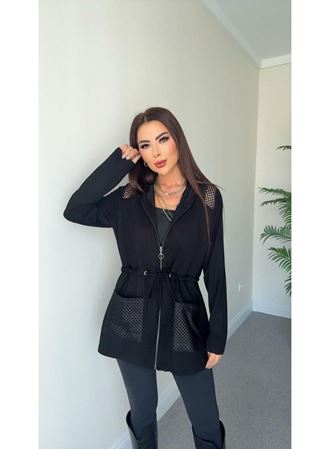 Kadın Uzun Kollu önü Fermuarlı File Detaylı Belden Bağcıklı Kısa Modal Ceket