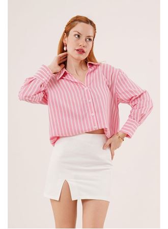 Çift Çizgi Geçişli Düğmeli Pembe Gömlek