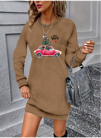 Kadın Uzun Kollu Bisiklet Yaka Desenli Viskon Iki Iplik Elbise