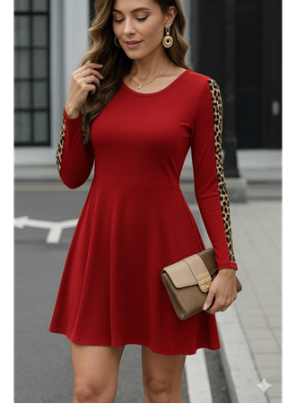 Kadın Uzun Kollu Bisiklet Yaka Kollar Leopar Detay Iki Iplik Mini Boy Elbise