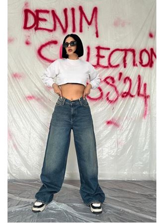 Lacivert Geniş Paça Jeans Pantolon