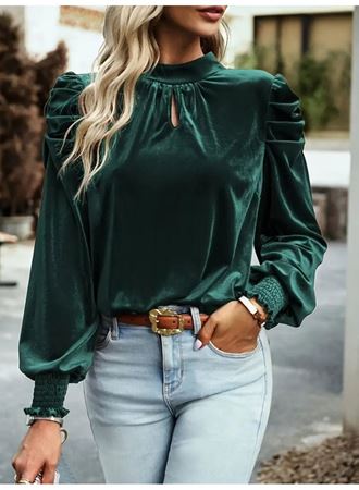 Kadın Uzun Kollu Balıkçı Yaka Damla Detaylı Kadife Bluz